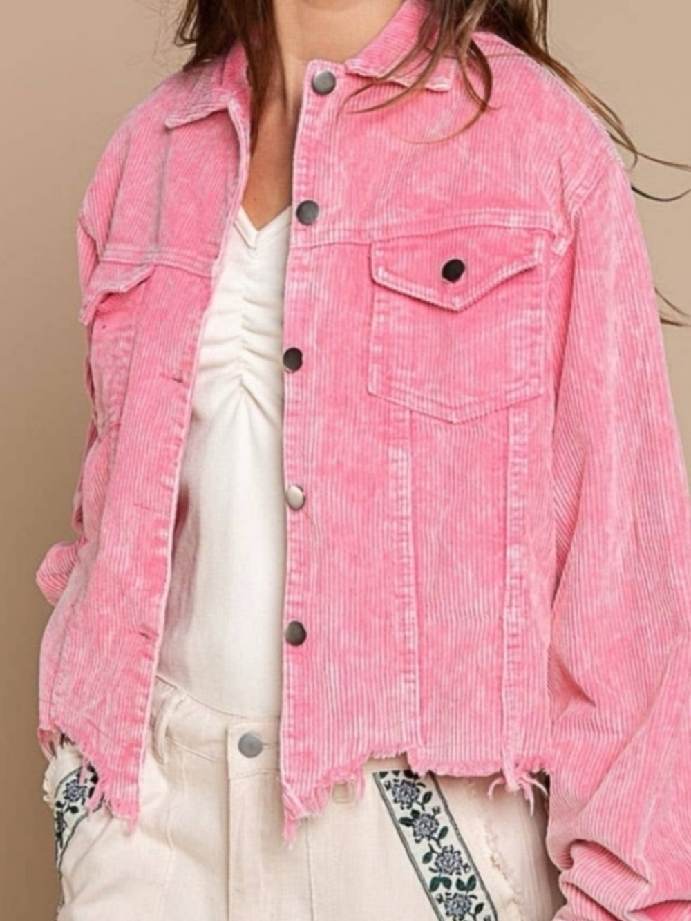 POL Pink Corduroy Distressed Cropped Trucker Jacket Size Small Raw Hem Boho Chic
